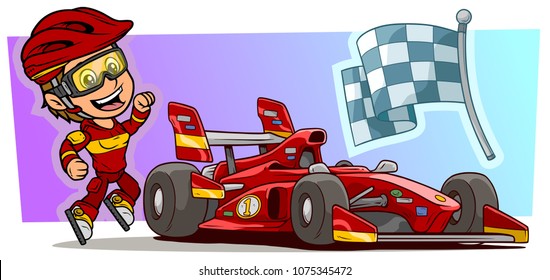 Cartoon white cute smiling flat jumping girl character with modern red sport car, cool stickers and racing flag in protective helmet and glasses. Vector icon.