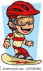 Cartoon white cute smiling flat brunette girl character riding on snowboard with red lightning in protective helmet and glasses. On blue background. Vector icon.
