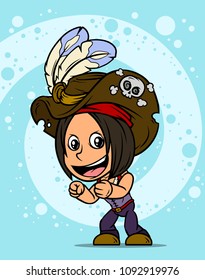 Cartoon white cute standing brunette pirate girl character in hat with feathers and skull on blue background. Vector icon.