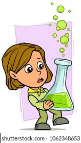 Cartoon white cute standing flat brunette scientist girl character holding big chemical flask with green liquid on violet background. Vector icon.