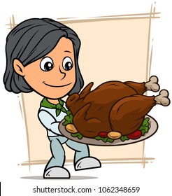 Cartoon white cute standing flat brunette girl character holding fried thanksgiving turkey on silver tray. Vector icon.