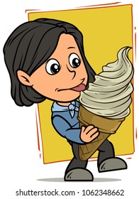Cartoon white cute standing flat brunette funny girl character eating big white ice cream in waffle cone on yellow background. Vector icon.