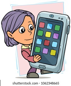 Cartoon white cute standing flat girl character holding funny big blue smartphone on violet background. Vector icon.
