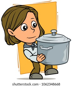 Cartoon white cute standing flat brunette funny girl character holding gray metal cooking pot on yellow background. Vector icon.