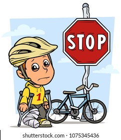 Cartoon white cute standing flat crying boy character in protective helmet with bicycle and red stop traffic sign on steel pole and broken leg in gypsum with crutches. On blue background. Vector icon.