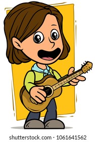 Cartoon white cute standing and singing flat brunette girl character with wooden acoustic guitar on yellow background. Vector icon.