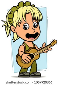 Cartoon white cute standing and singing flat blonde girl character with wooden acoustic guitar on blue background. Vector icon.