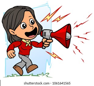 Cartoon white cute walking flat brunette girl character with red bullhorn on blue background. Vector icon.