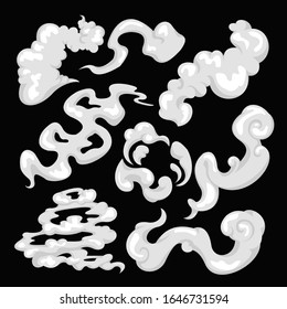 Cartoon White Different Steam Clouds Element Set on a Black Concept Flat Design Style. Vector illustration of Dust, Smoke, Fog, Smog Effect