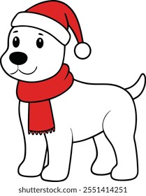 A cartoon white dog, wearing a red Santa hat and matching scarf, stands cheerfully. Simple line art style, festive Christmas theme. Cute and friendly expression.