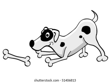 Cartoon white dotted dog playing with a bone