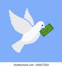 Cartoon white dove with dollar in beak. Flat vector stock illustration