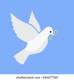 Cartoon white dove with golden coin in beak. Flat vector stock illustration