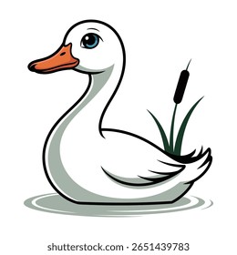 A cartoon white duckling with blue eyes and an orange beak swims in calm grey water near a dark green cattail plant.