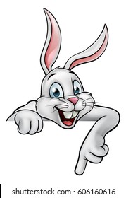 A cartoon white Easter bunny or rabbit pointing