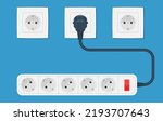 Cartoon white electric extension cord. Euro standard F type socket. Electricity themed vector illustration for icon, stamp, label, certificate, brochure, card, poster or banner decoratio.