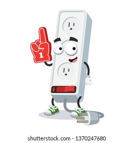 cartoon white electrical power strip character mascot with the number 1 one sports fan hand glove on a white background