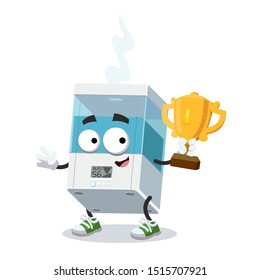 cartoon white electronic air humidifier mascot holds the number one cup on white background