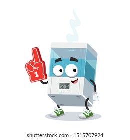 cartoon white electronic air humidifier character mascot with the number 1 one sports fan hand glove on a white background