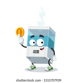 cartoon white electronic air humidifier mascot keeps the coin on white background