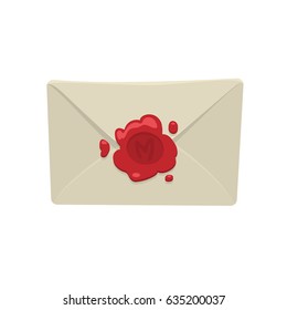 Sobre blanco de dibujos animados con sello de cera roja aislado sobre fondo blanco.