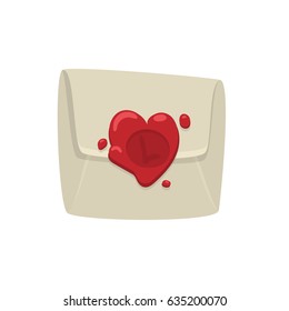 Cartoon white envelope with red wax seal in heart shape isolated on white background.