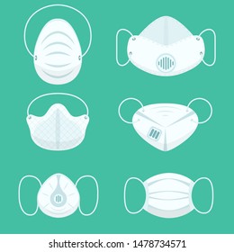 Cartoon White Face Pollution Mask Icon Set for Protection, Prevention, Safety and Health Care. Vector illustration of Masks Icons