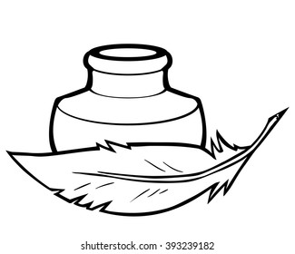 Cartoon white feather with ink bottle