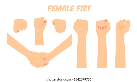 cartoon white female hand forming a fist viewed form different angles, making a handshake, vector illustration