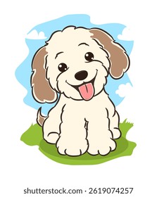 Cartoon white fluffy white dog with brown ears sitting on grass, vector illustration