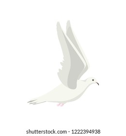 Cartoon White Flying Dove Bird Sideways Pigeon Symbol of Holy Flat Design Style Isolated on a Background. Vector illustration