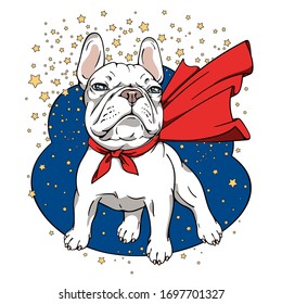 
Cartoon white french bulldog in a superhero cape.