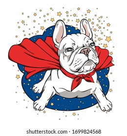 Cartoon white french bulldog in a superhero cape.