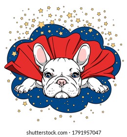 Cartoon white french bulldog in a superhero cape.