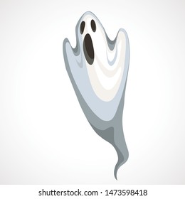 Cartoon white ghost with black eyes. Halloween scenery. Vector illustration