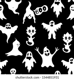 Cartoon White Ghosts Characters Seamless Pattern Background on a Black Expression Concept Element Flat Design Style. Vector illustration of Ghost