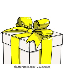 Cartoon of White Gift Box with Yellow Ribbon on white background. Vector ilustration. Christmas, new year, birthday. gift, postcard