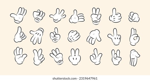 Cartoon white gloves. Hand comic gestures and signals, retro cartoon character arm icons, cute hand cursor in various poses. Vector isolated set of gesture cartoon illustration