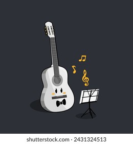 cartoon white guitar performing a solo classical concert happily