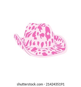 Cartoon сowgirl white hat with pink cow print. Wild West fashion style. Cowboy western theme; wild west concept. Horse Ranch. Hand drawn colored flat vector illustration.