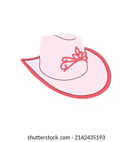 Cartoon сowgirl white hat with pink diadem. Wild West fashion style. Cowboy western theme; wild west concept. Horse Ranch. Hand drawn colored flat vector illustration.