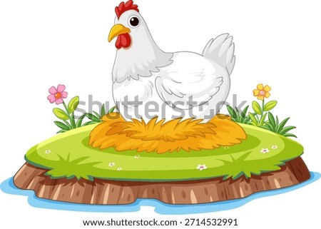 Cartoon white hen resting on straw nest, surrounded by flowers on grassy island, bright colors