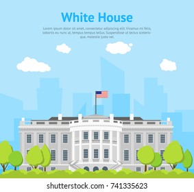 Cartoon White House Building Card Poster Exterior Facade Government Architecture House Flat Design Style. Vector illustration