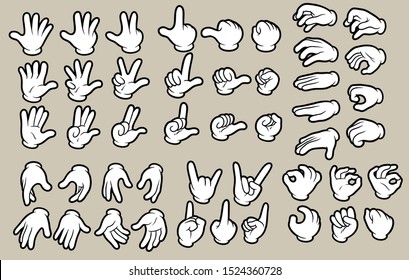 Cartoon white human hand in gloves gesture set. Hands show signs. Different hand positions. Isolated on gray background. Vector icon set.