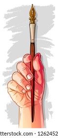 Cartoon white human hand holding color antique ink pen. On gray grunge background. Vector icon.