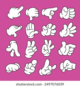 Manos humanas blancas de dibujos animados en guantes. Las manos muestran signos. Diferentes posiciones de la mano. Conjunto de iconos de Vector.