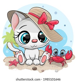 Cartoon White Kitty in a hat and cute crab on the beach