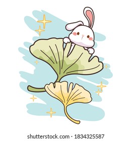 Cartoon white little rabbit, ginkgo leaves and yellow sparkle. Cute cartoon character element on white background. Vector illustration. Use for decoration, pattern, sticker, logo, wallpaper and more.