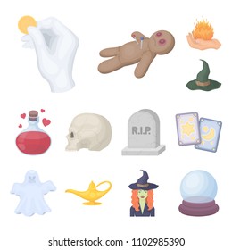 cartoon and white magic cartoon icons in set collection for design. Attributes and sorceress accessories vector symbol stock web illustration.