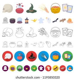cartoon and white magic cartoon icons in set collection for design. Attributes and sorceress accessories vector symbol stock web illustration.
